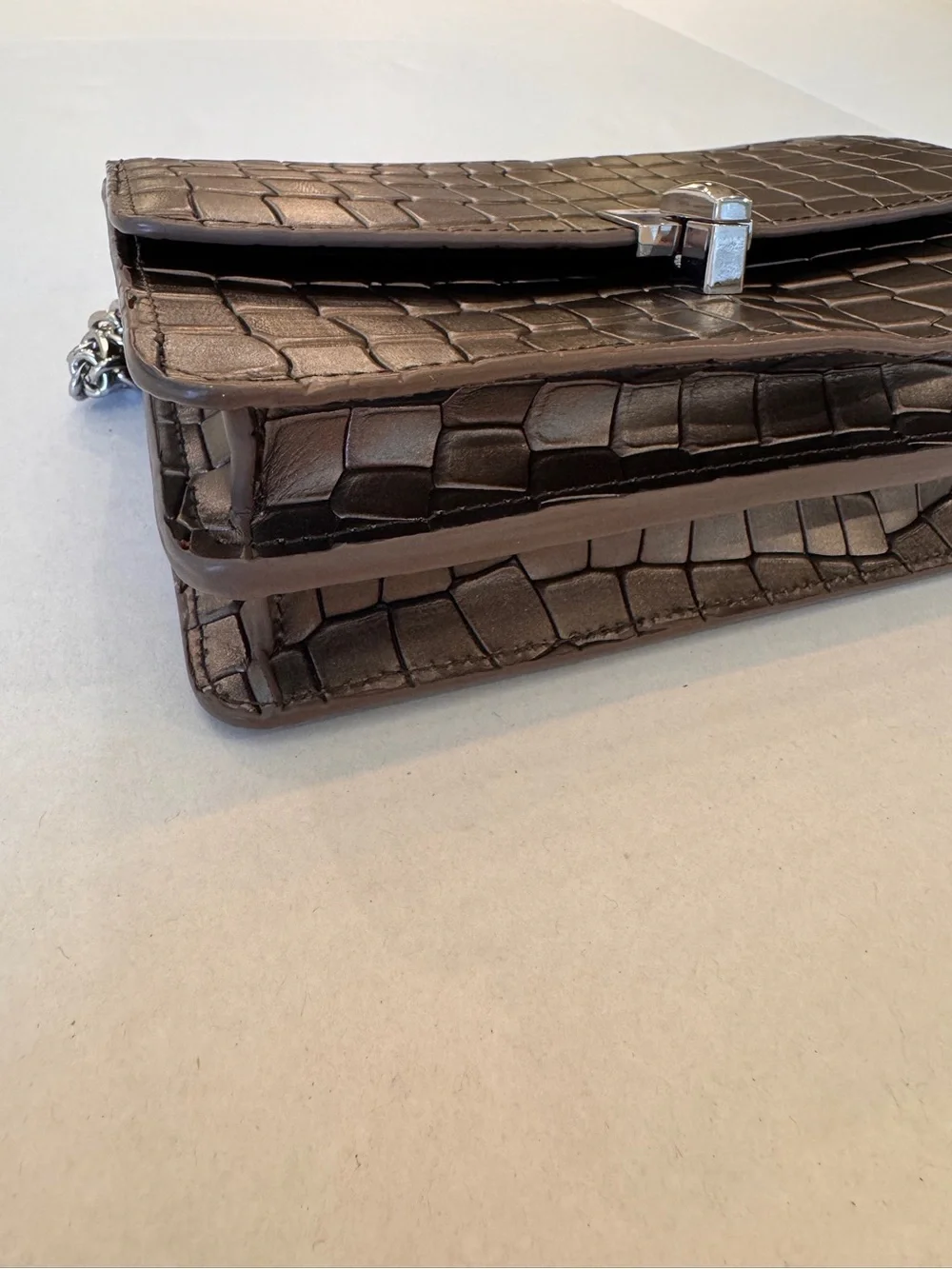 VTG BOTKIER LENOX GUNMETAL CROC LEATHER CHAIN CROSS BODY TOP HANDLE BAG PURSE
